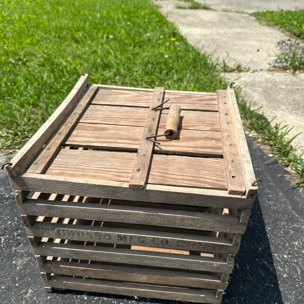 Antique Humpty Dumpty Owosso Mfg. Co. Wood Chicken Egg Crate W/ Lid