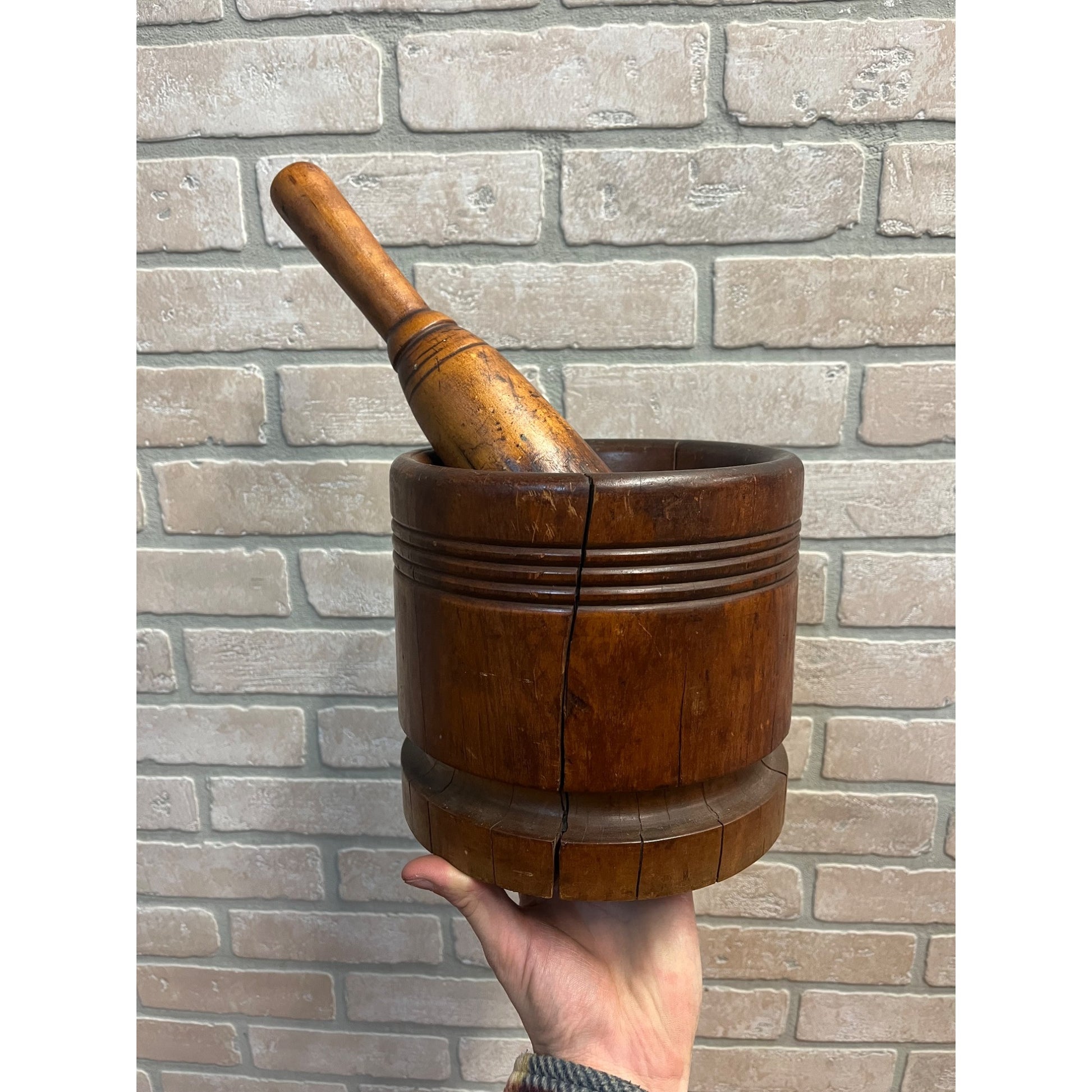 Antique Primitive 19th c. Wooden Hand Carved Mortar & Pestle Apothecary Medicine