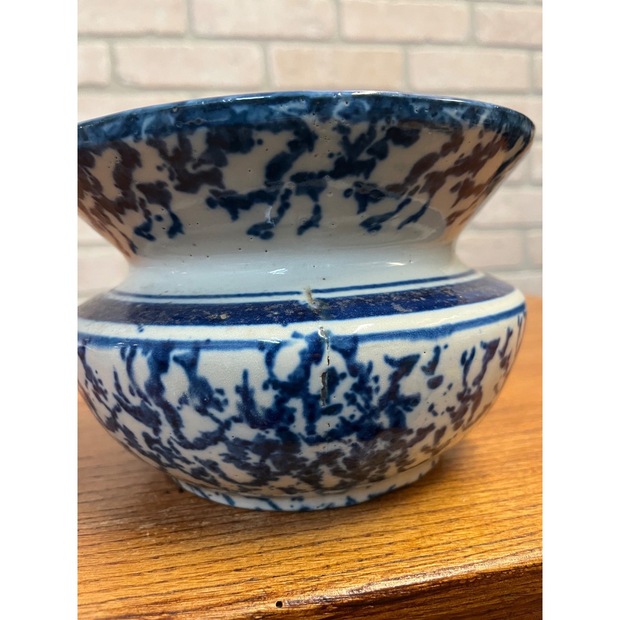 Antique Stoneware Blue & White Banded Splatter Spittoon Cuspidor Primitive Farmhouse 1800s