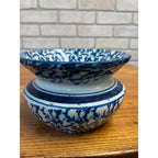 Antique Stoneware Blue & White Banded Splatter Spittoon Cuspidor Primitive Farmhouse 1800s
