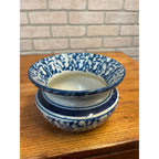 Antique Stoneware Blue & White Banded Splatter Spittoon Cuspidor Primitive Farmhouse 1800s