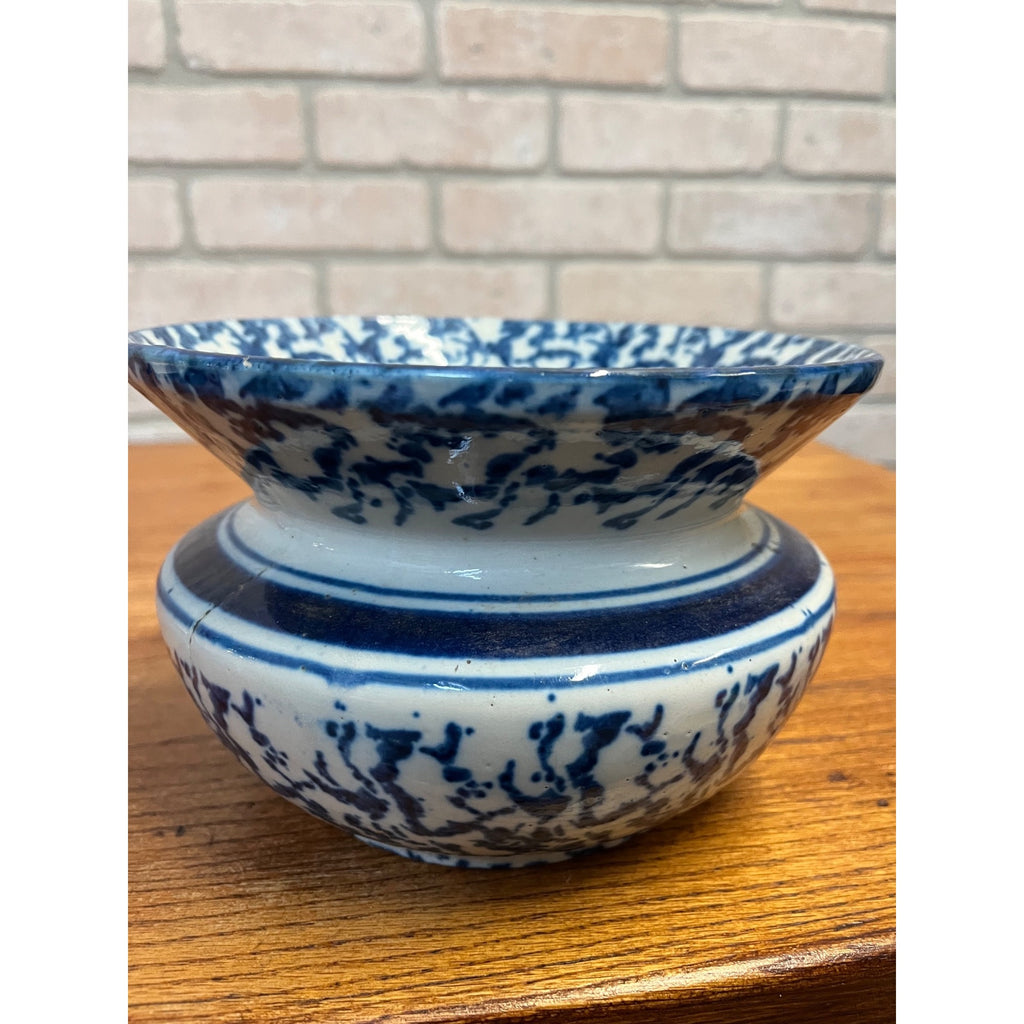 Antique Stoneware Blue & White Banded Splatter Spittoon Cuspidor Primitive Farmhouse 1800s