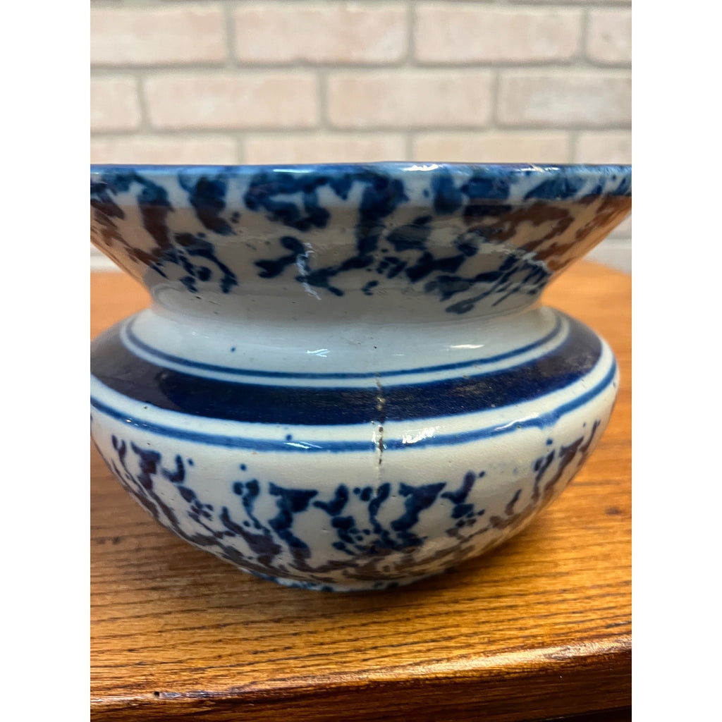 Antique Stoneware Blue & White Banded Splatter Spittoon Cuspidor Primitive Farmhouse 1800s