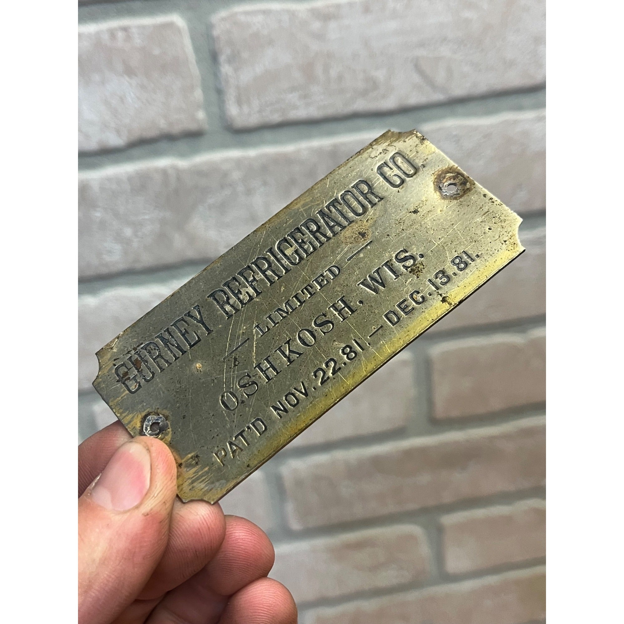 Vintage 1900s Gurney Refrigerator Co Ice Box Emblem Tag Oshkosh Wis Wi Wisconsin