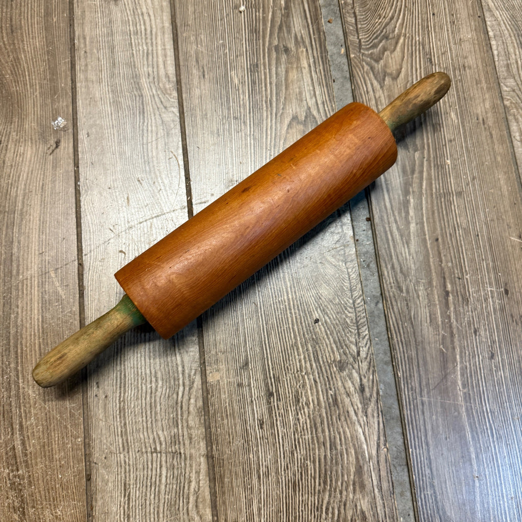 Vintage Rolling Pin Primitive Wood Distressed Green Handles 18"