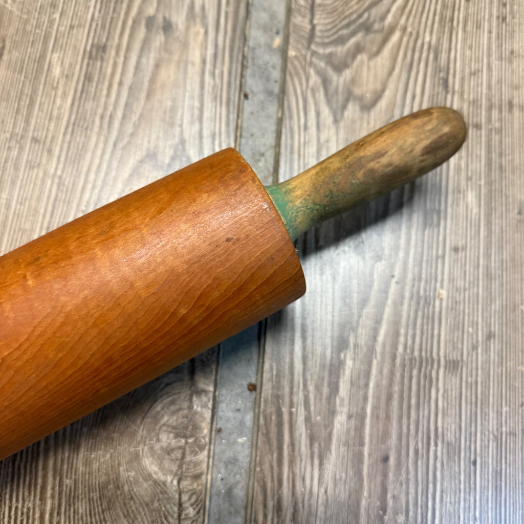 Vintage Rolling Pin Primitive Wood Distressed Green Handles 18"
