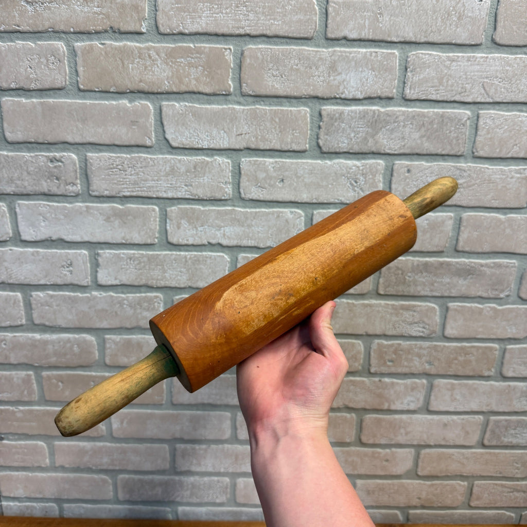 Vintage Rolling Pin Primitive Wood Distressed Green Handles 18"