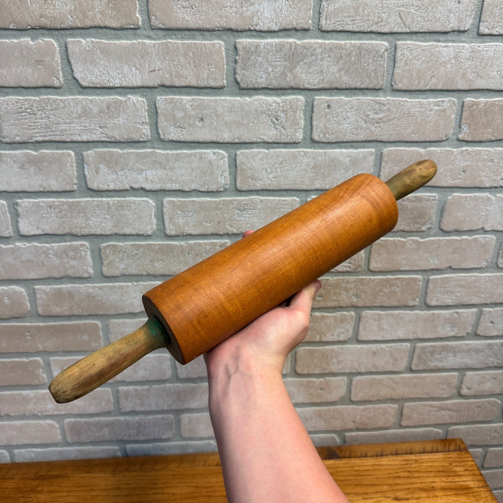 Vintage Rolling Pin Primitive Wood Distressed Green Handles 18"