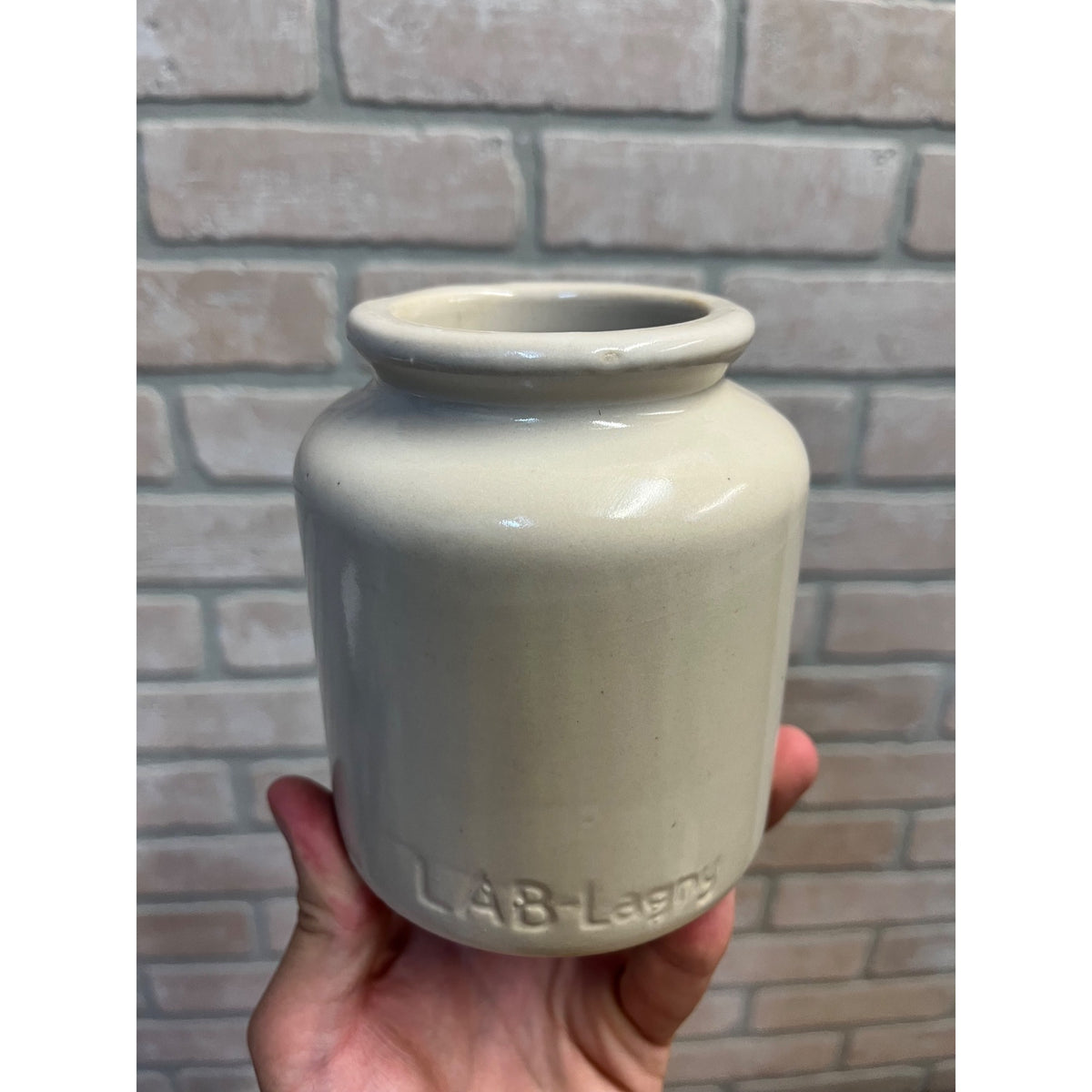 Vintage French Lab Lagney Petite Off-White Glazed Stoneware Mustard Crock Primitive Kitchen Decor