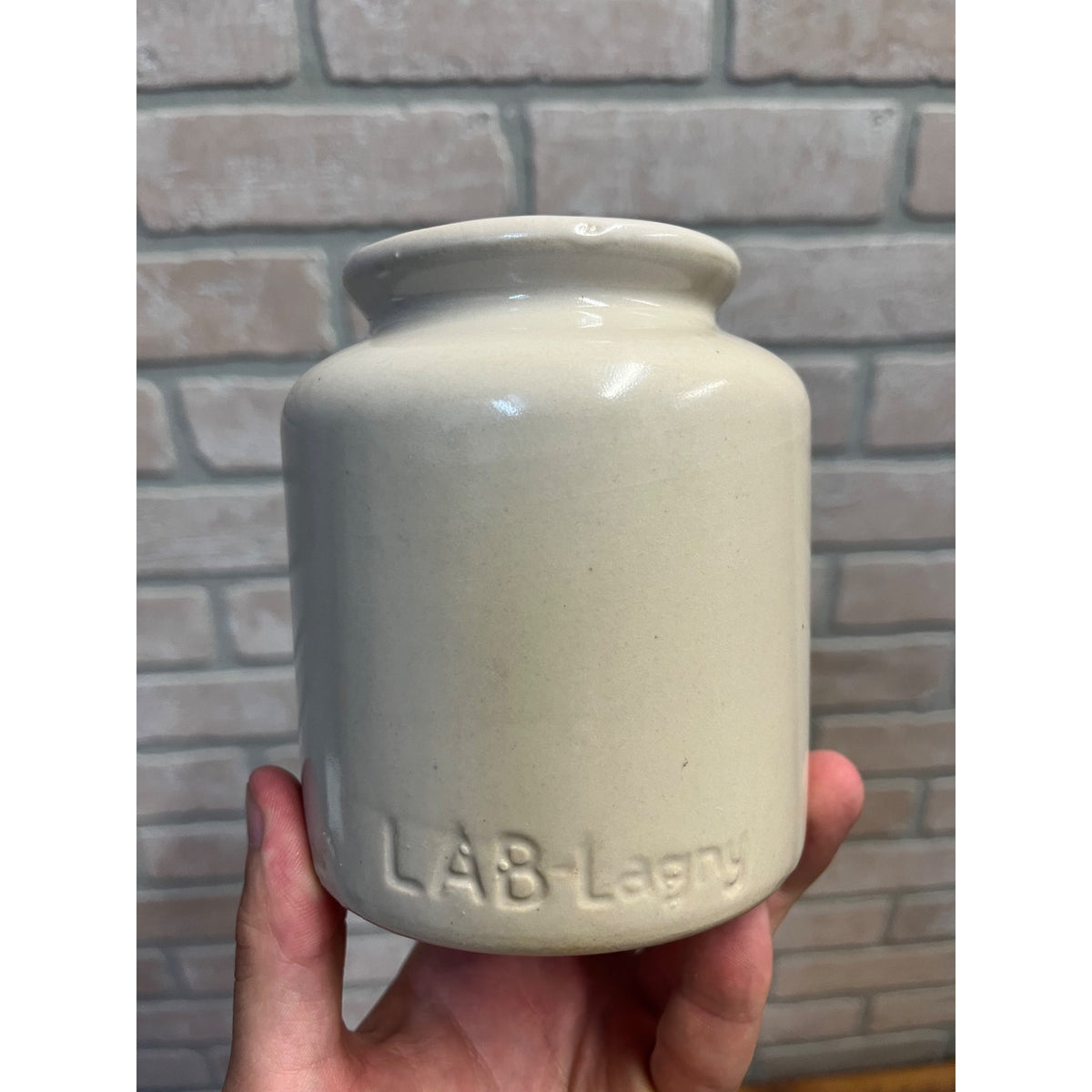 Vintage French Lab Lagney Petite Off-White Glazed Stoneware Mustard Crock Primitive Kitchen Decor