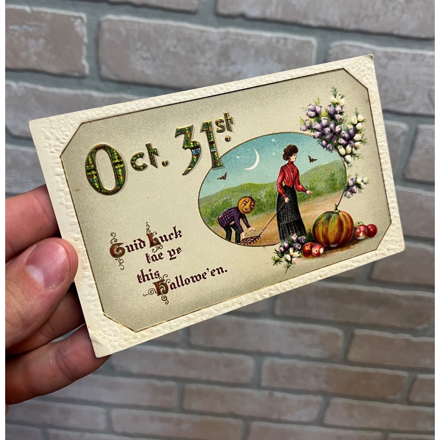 Vintage Halloween Gottschalk #2402 Postcard JOL Man Stealing Rake Woman