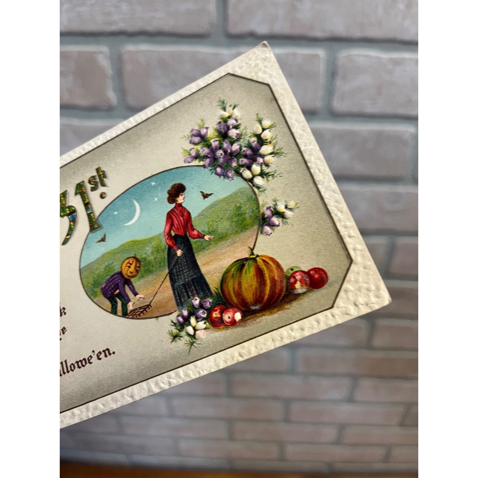 Vintage Halloween Gottschalk #2402 Postcard JOL Man Stealing Rake Woman