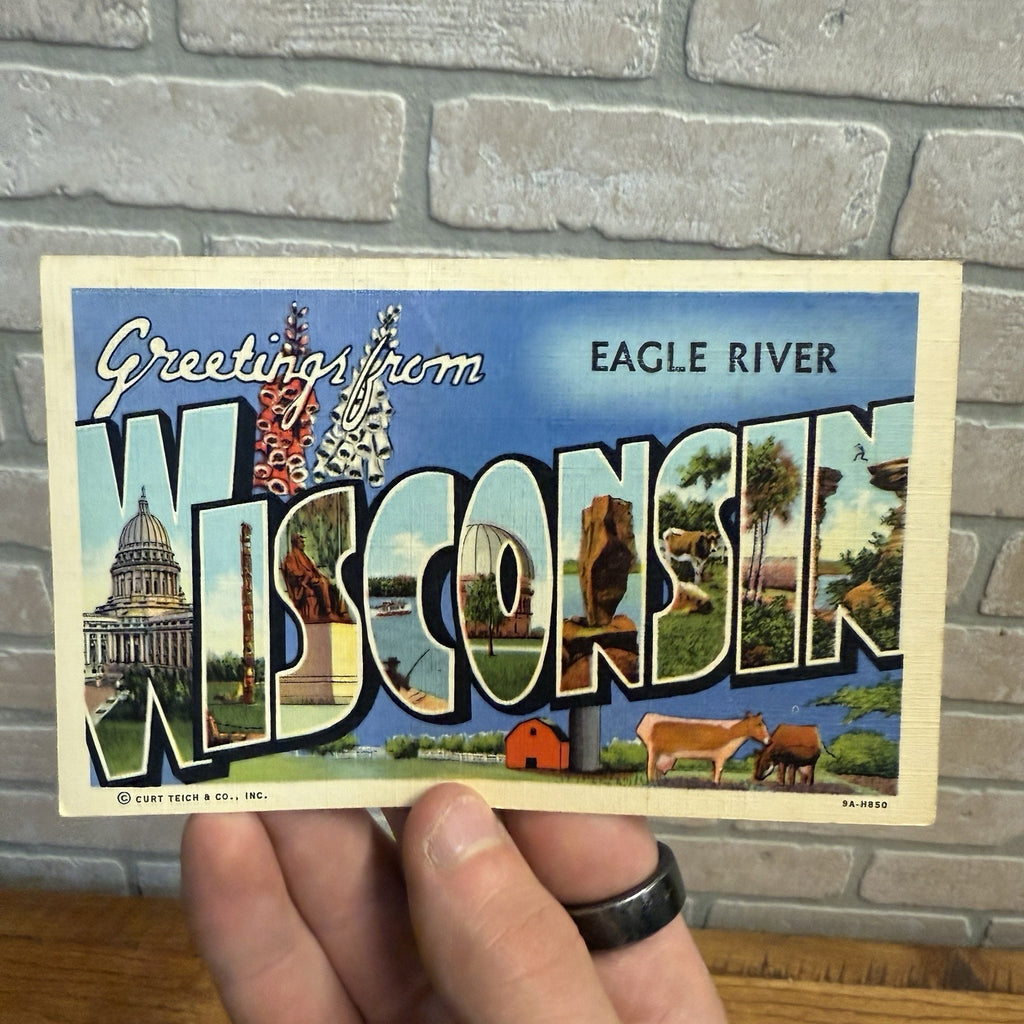 Greeting From Eagle River Wisconsin Linen Postcard 1942