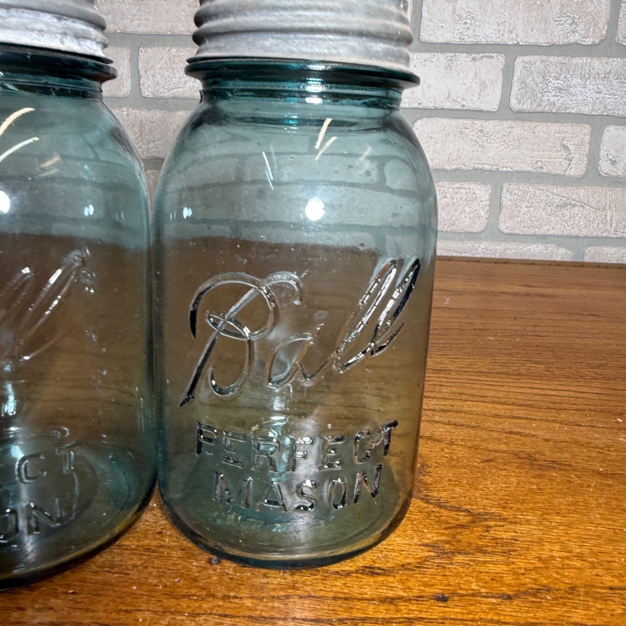 Vintage Blue Mason Canning Ball Jars Kitchen Decor Pair #10 & #11 W/ Zinc Lids