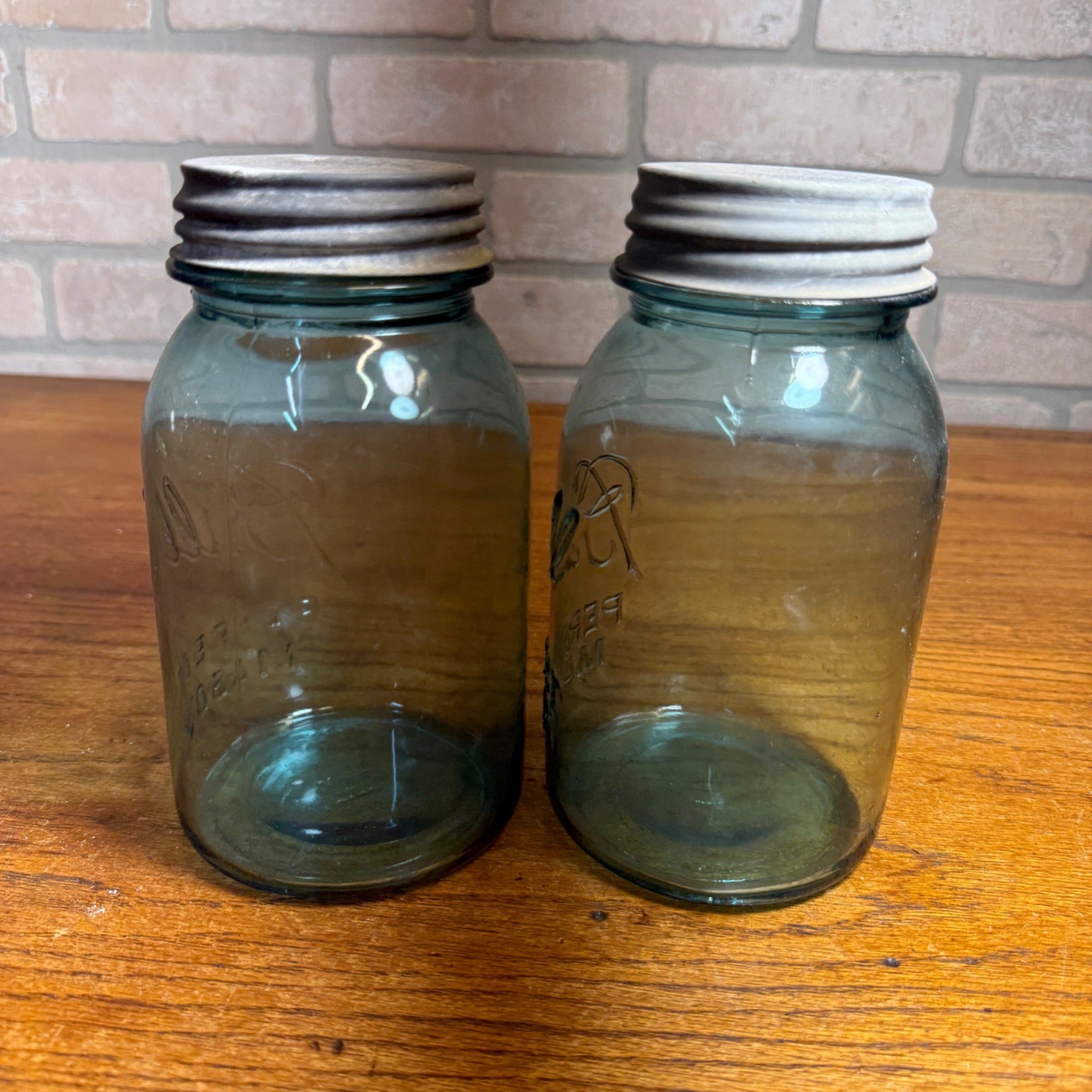 Vintage Blue Mason Canning Ball Jars Kitchen Decor Pair #10 & #11 W/ Zinc Lids