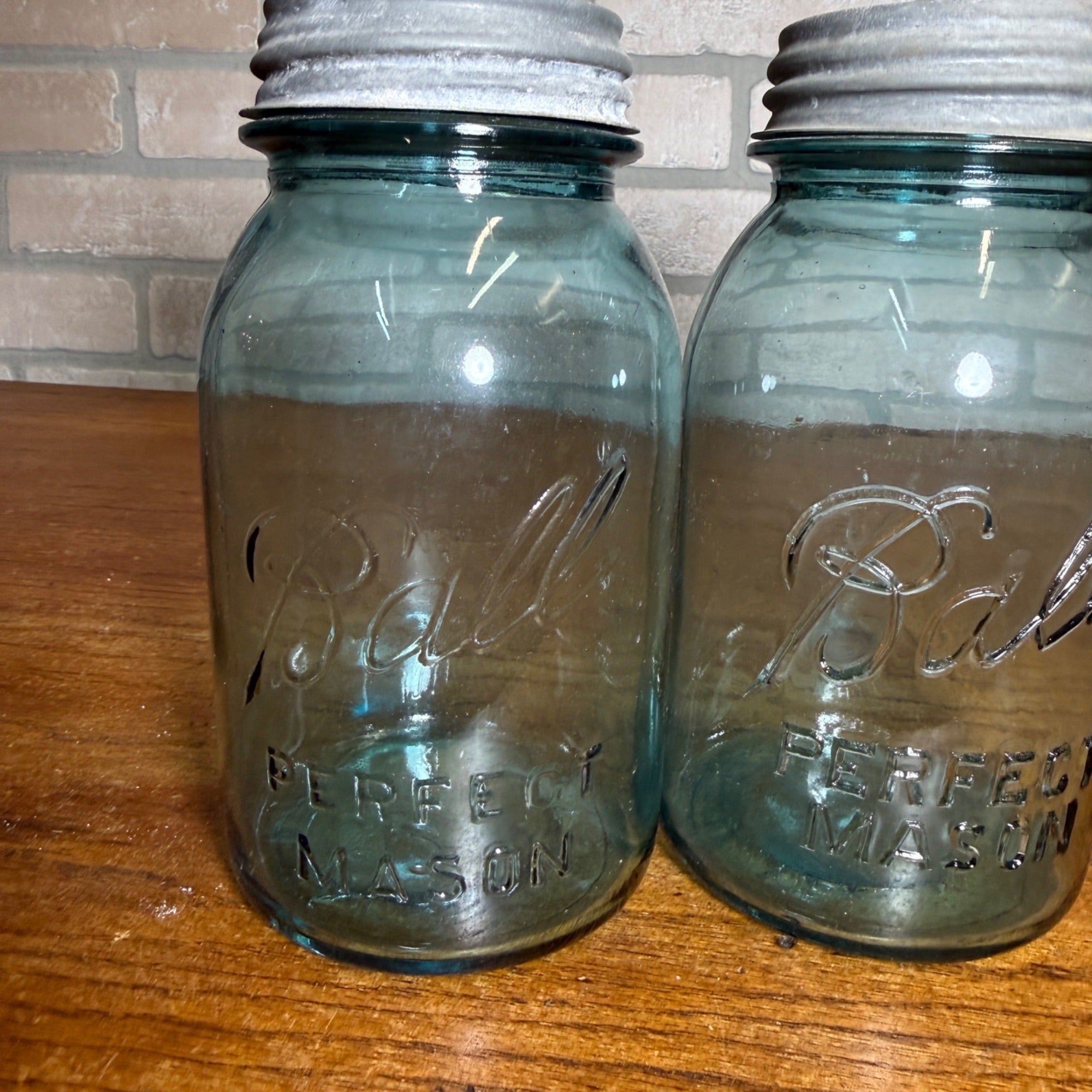 Vintage Blue Mason Canning Ball Jars Kitchen Decor Pair #10 & #11 W/ Zinc Lids