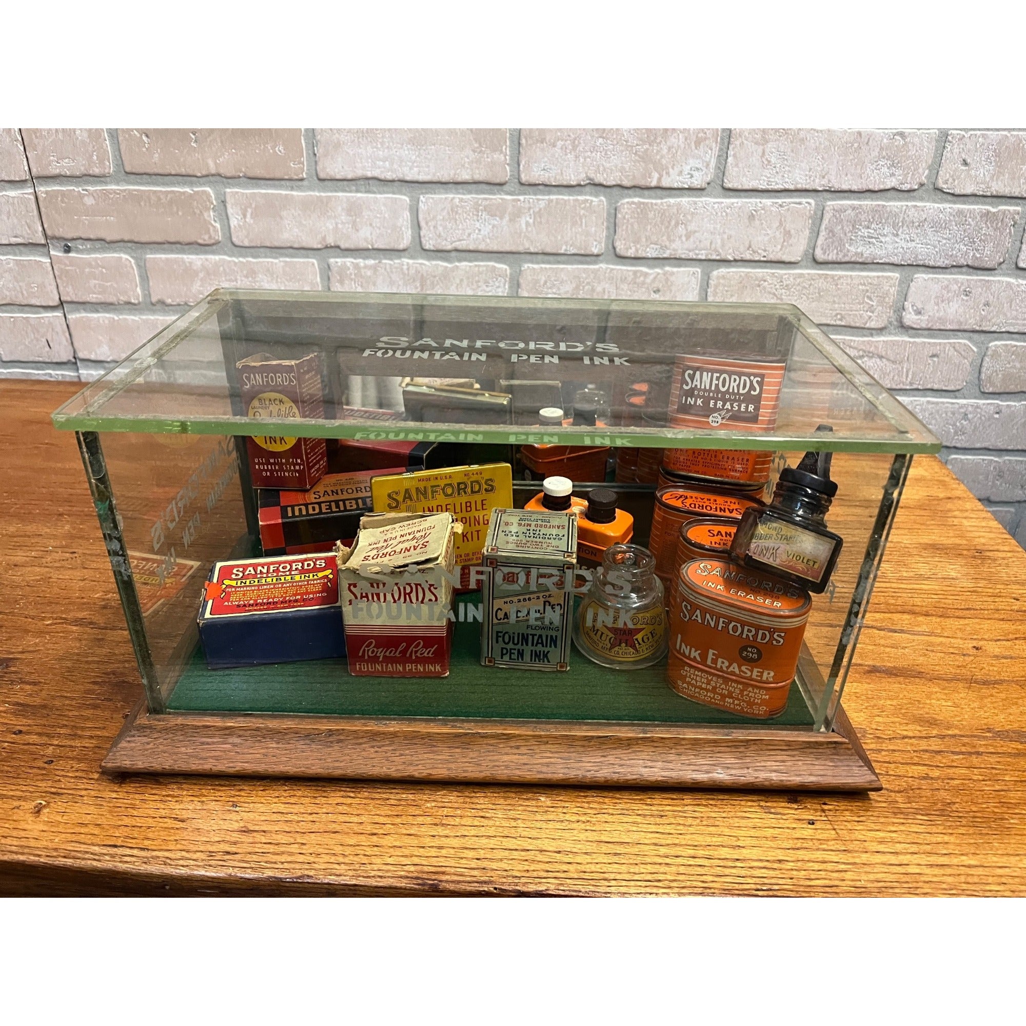 Vintage Sanford's Fountain Pen Ink General Store Display Case Advertising Glass
