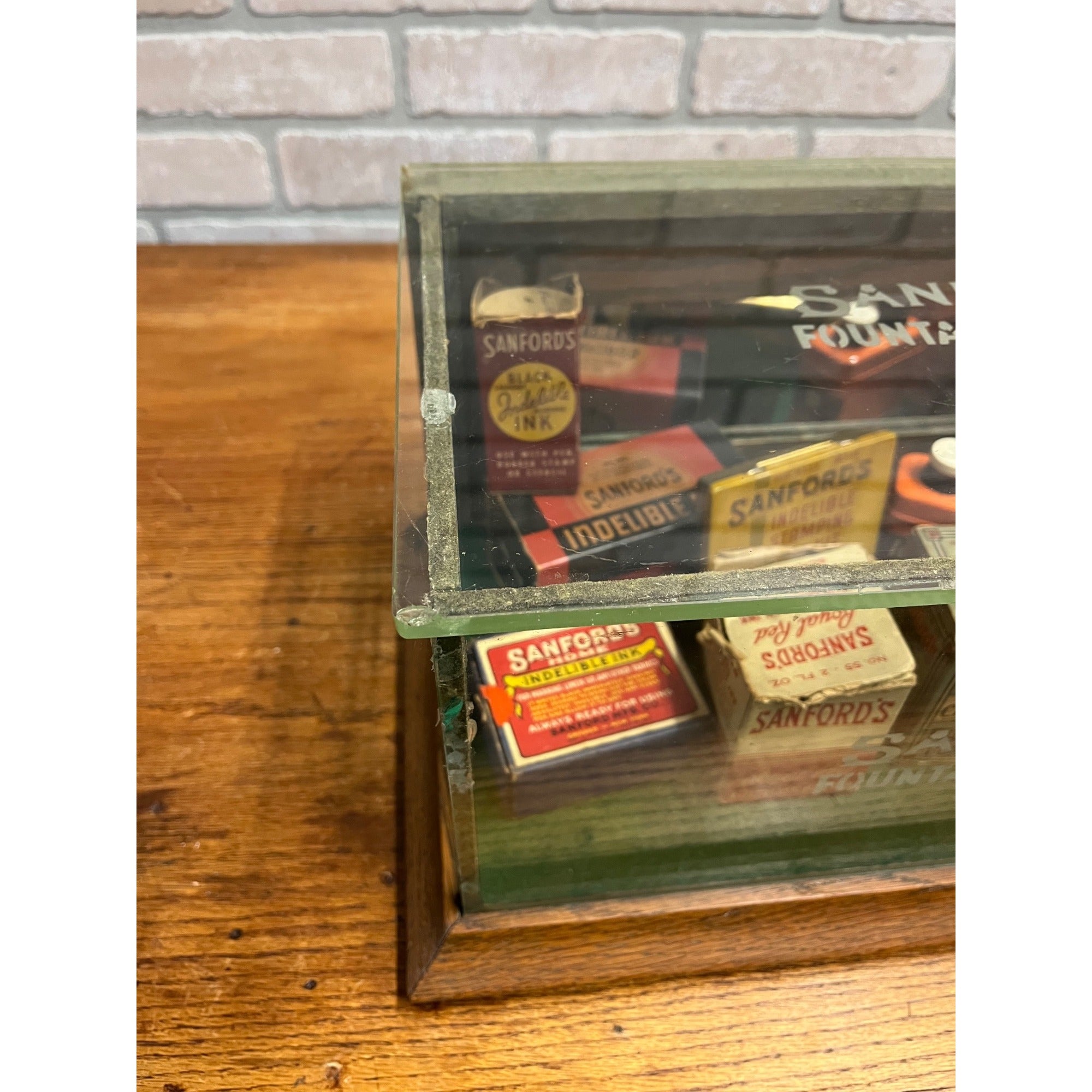 Vintage Sanford's Fountain Pen Ink General Store Display Case Advertising Glass