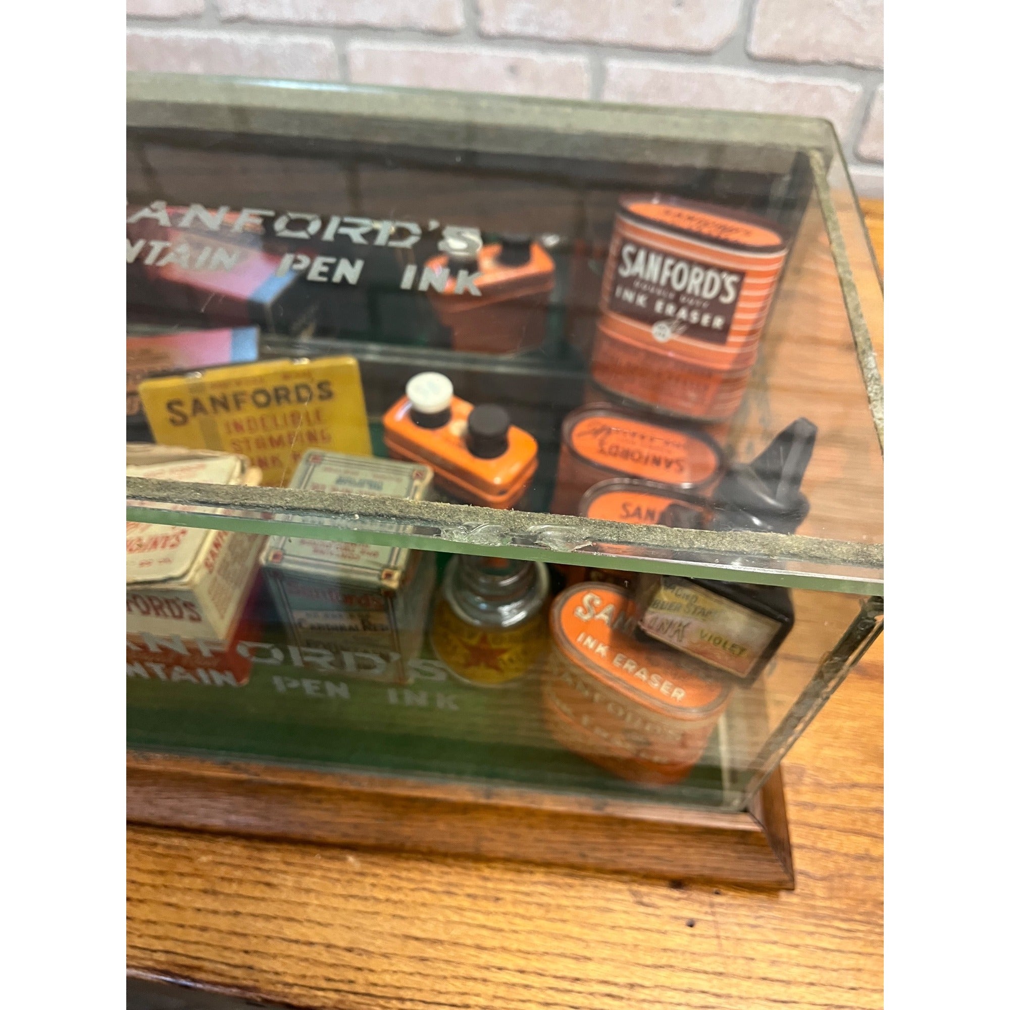 Vintage Sanford's Fountain Pen Ink General Store Display Case Advertising Glass