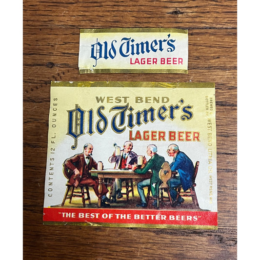 Vintage West Bend Lithia Old Timer's Lager Beer 12oz Bottle Label Set