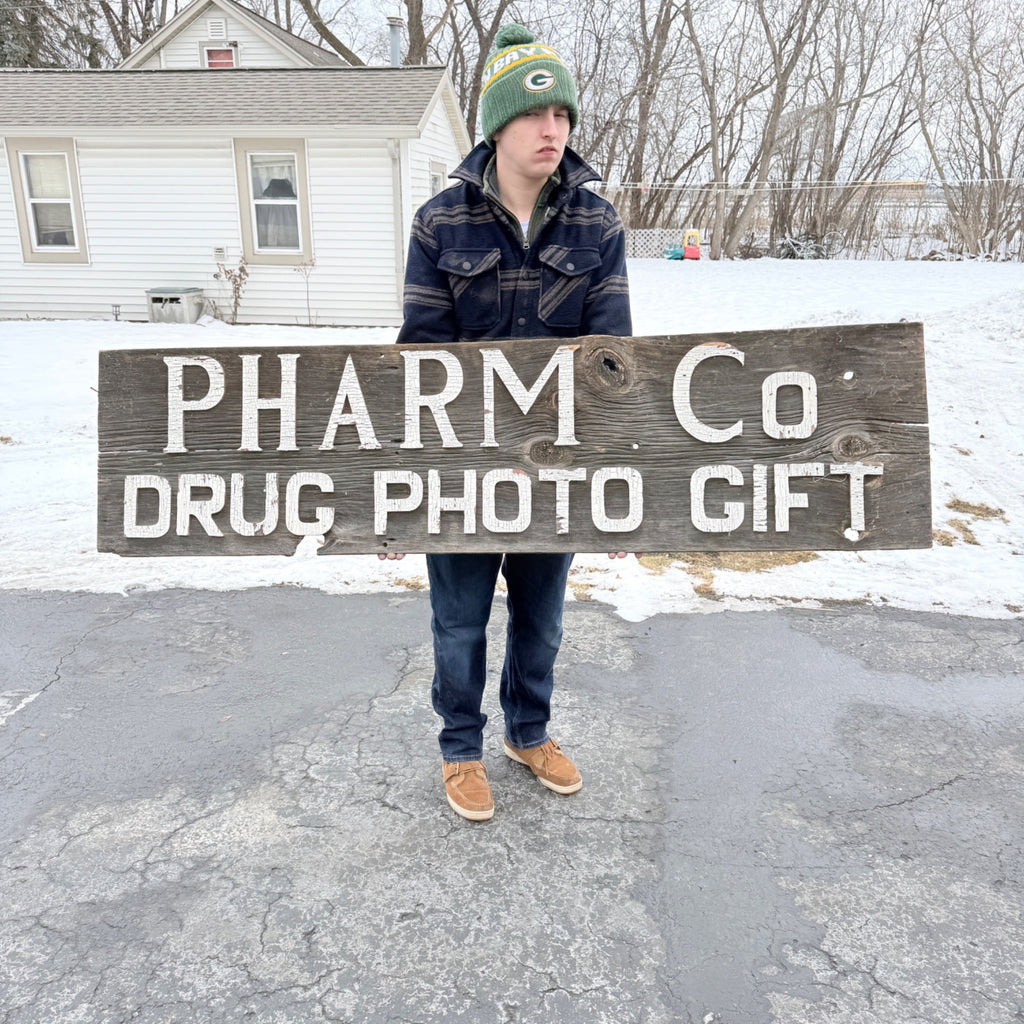 Vintage Pharmacy Drug Store Wooden Advertising Trade Sign Pharm Co Redgranite WI