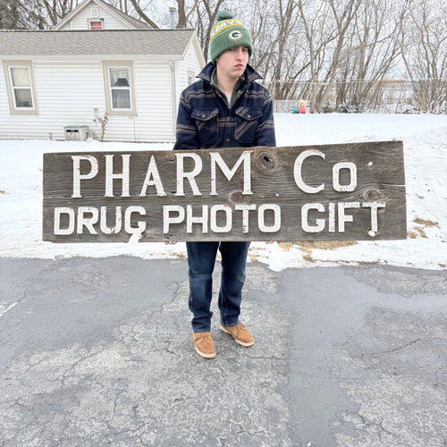 Vintage Pharmacy Drug Store Wooden Advertising Trade Sign Pharm Co Redgranite WI