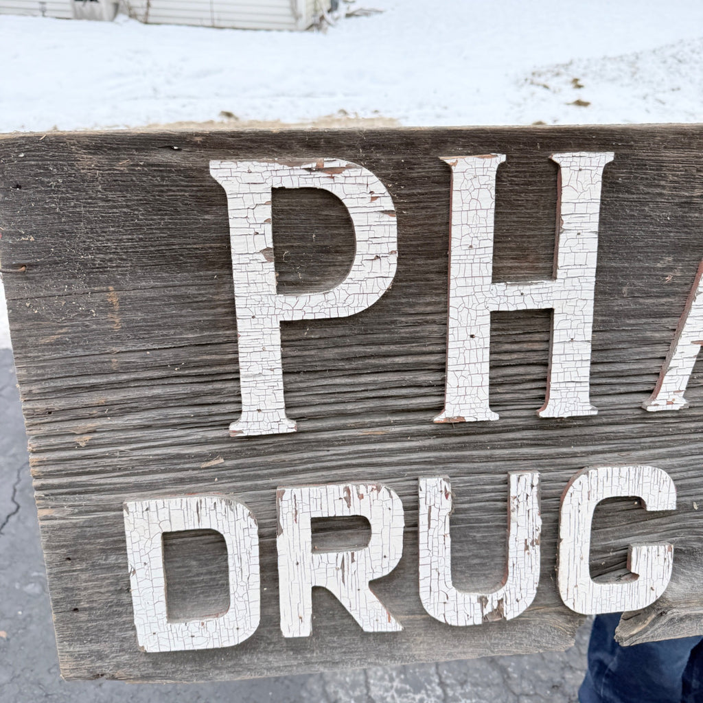 Vintage Pharmacy Drug Store Wooden Advertising Trade Sign Pharm Co Redgranite WI