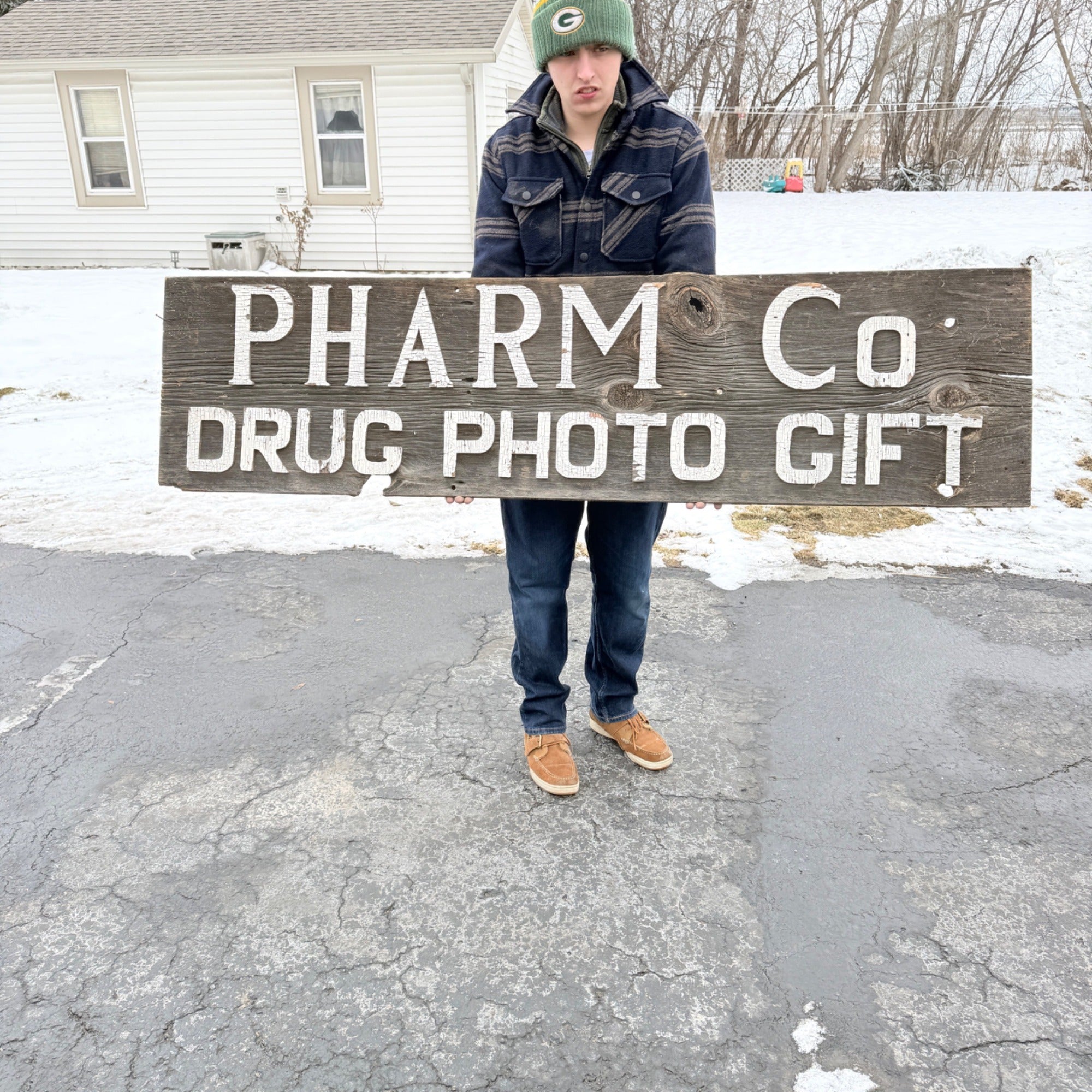Vintage Pharmacy Drug Store Wooden Advertising Trade Sign Pharm Co Redgranite WI