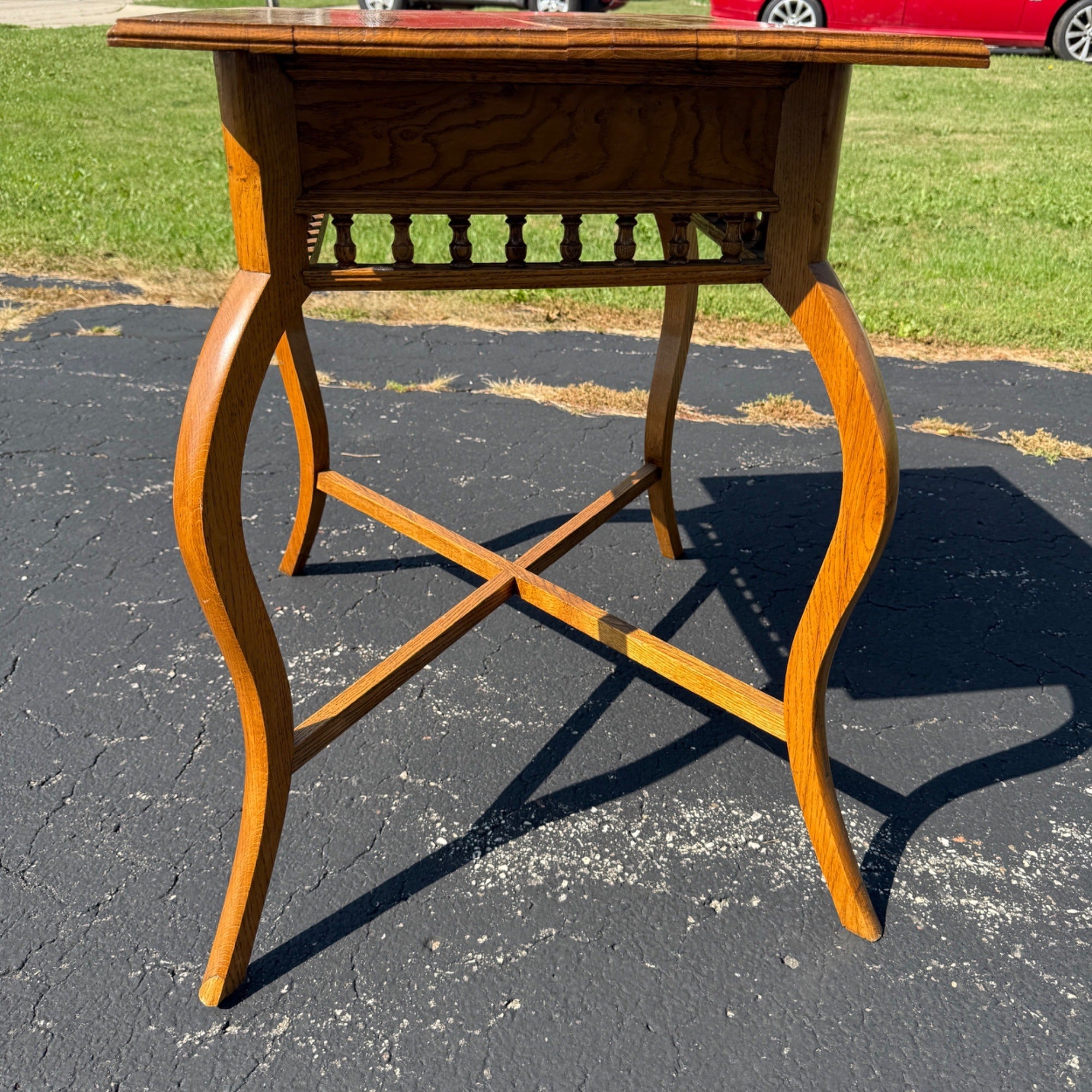 Antique Oak Parlor Side Table Curved Legs Spindle Gallery Victorian c1900 Lamp Table