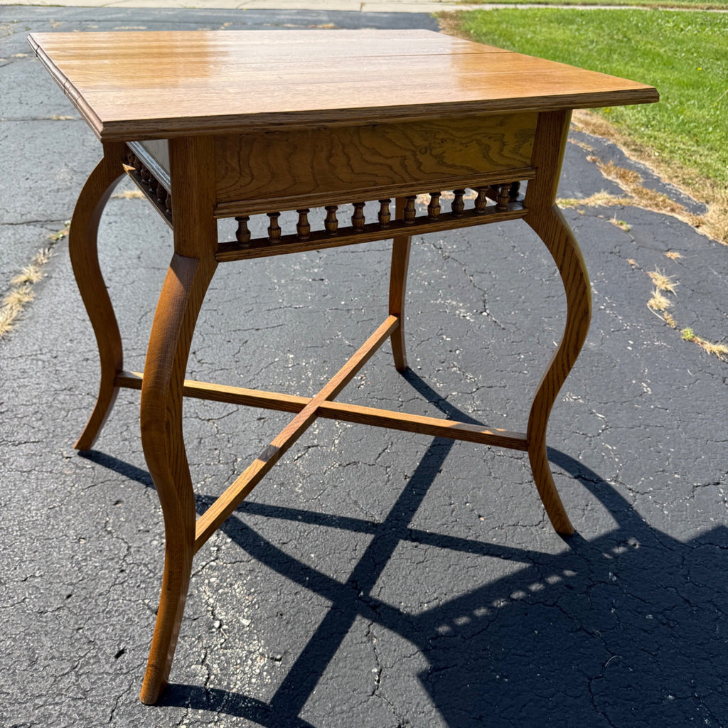 Antique Oak Parlor Side Table Curved Legs Spindle Gallery Victorian c1900 Lamp Table