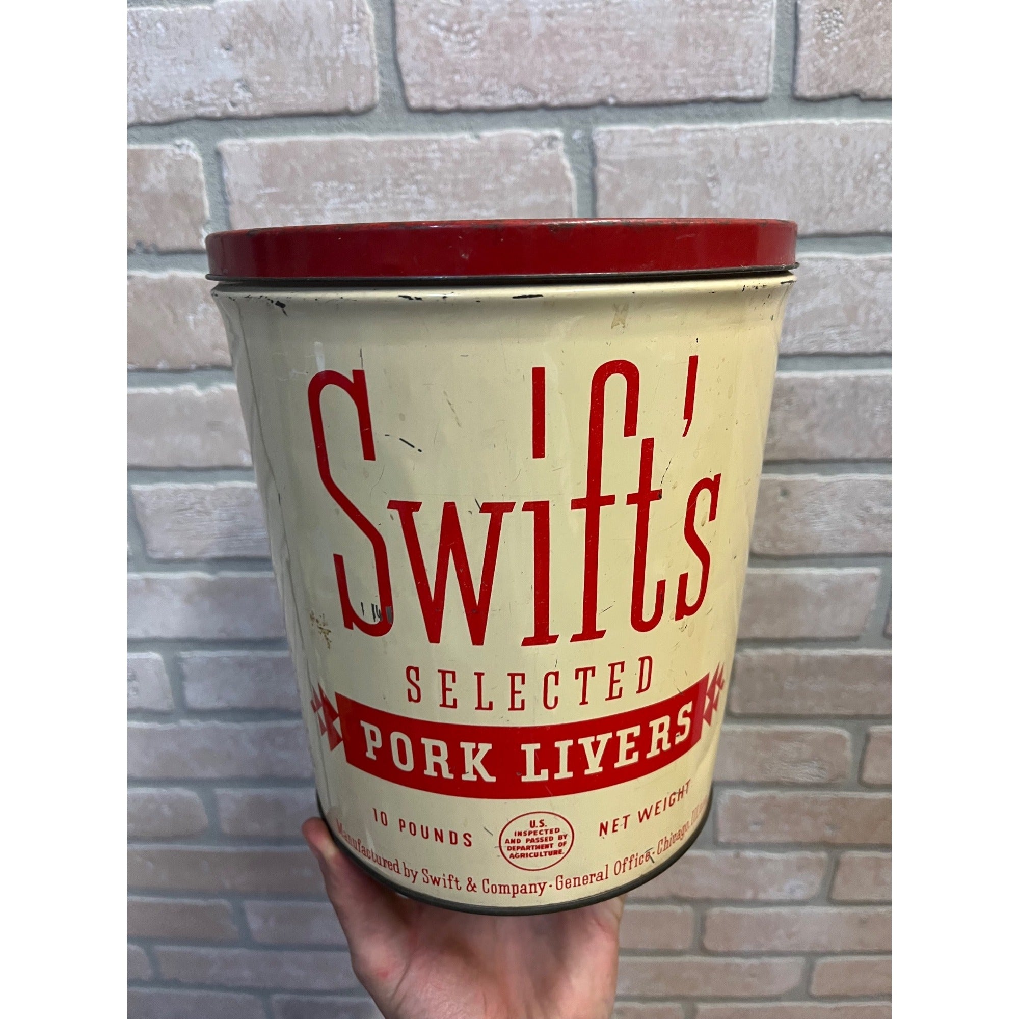 Vtg Swifts Pork Livers 10 lb Tin Can Advertising Graphics Farm Kitchen Decor