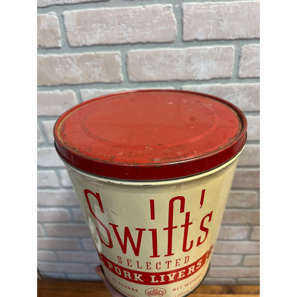Vtg Swifts Pork Livers 10 lb Tin Can Advertising Graphics Farm Kitchen Decor