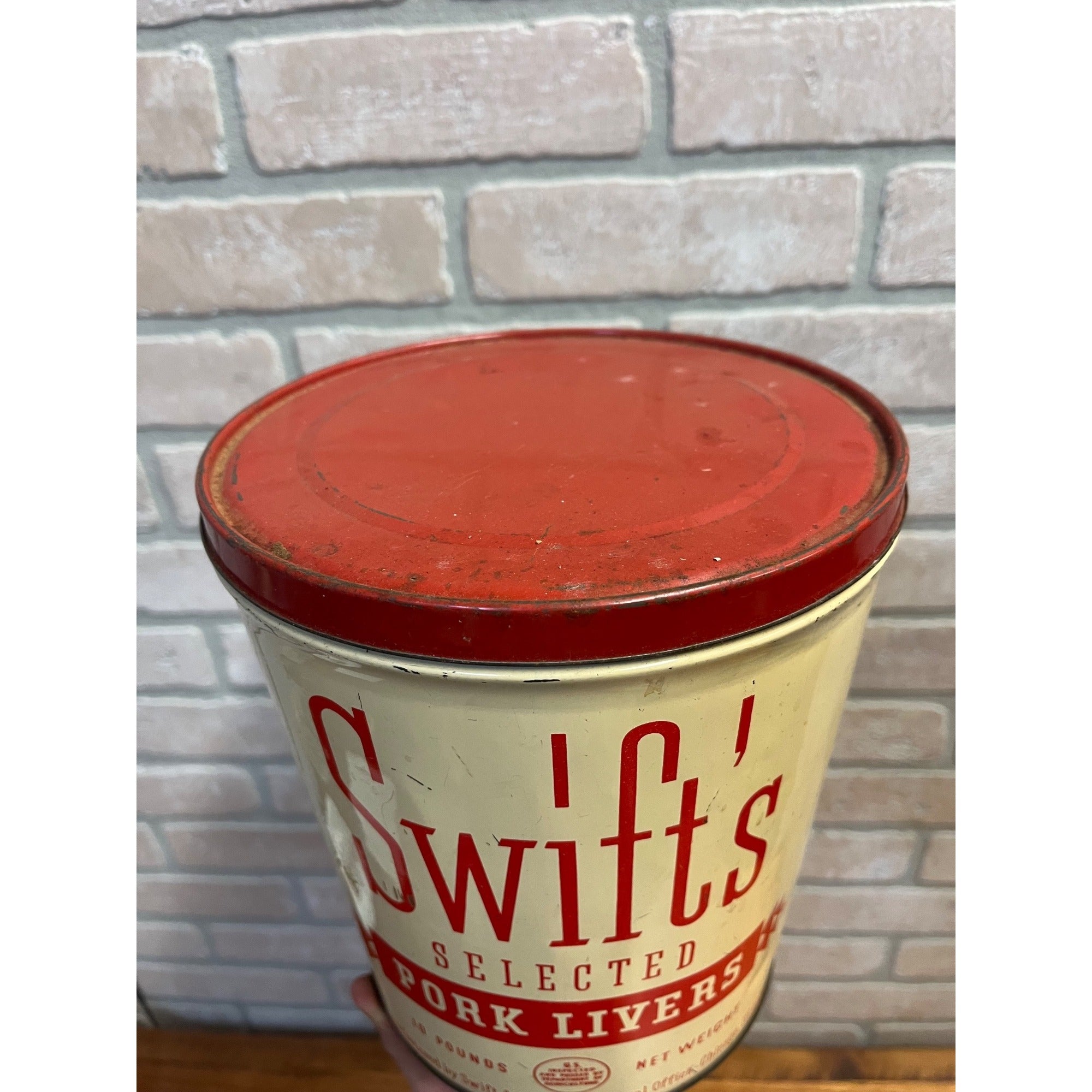 Vtg Swifts Pork Livers 10 lb Tin Can Advertising Graphics Farm Kitchen Decor