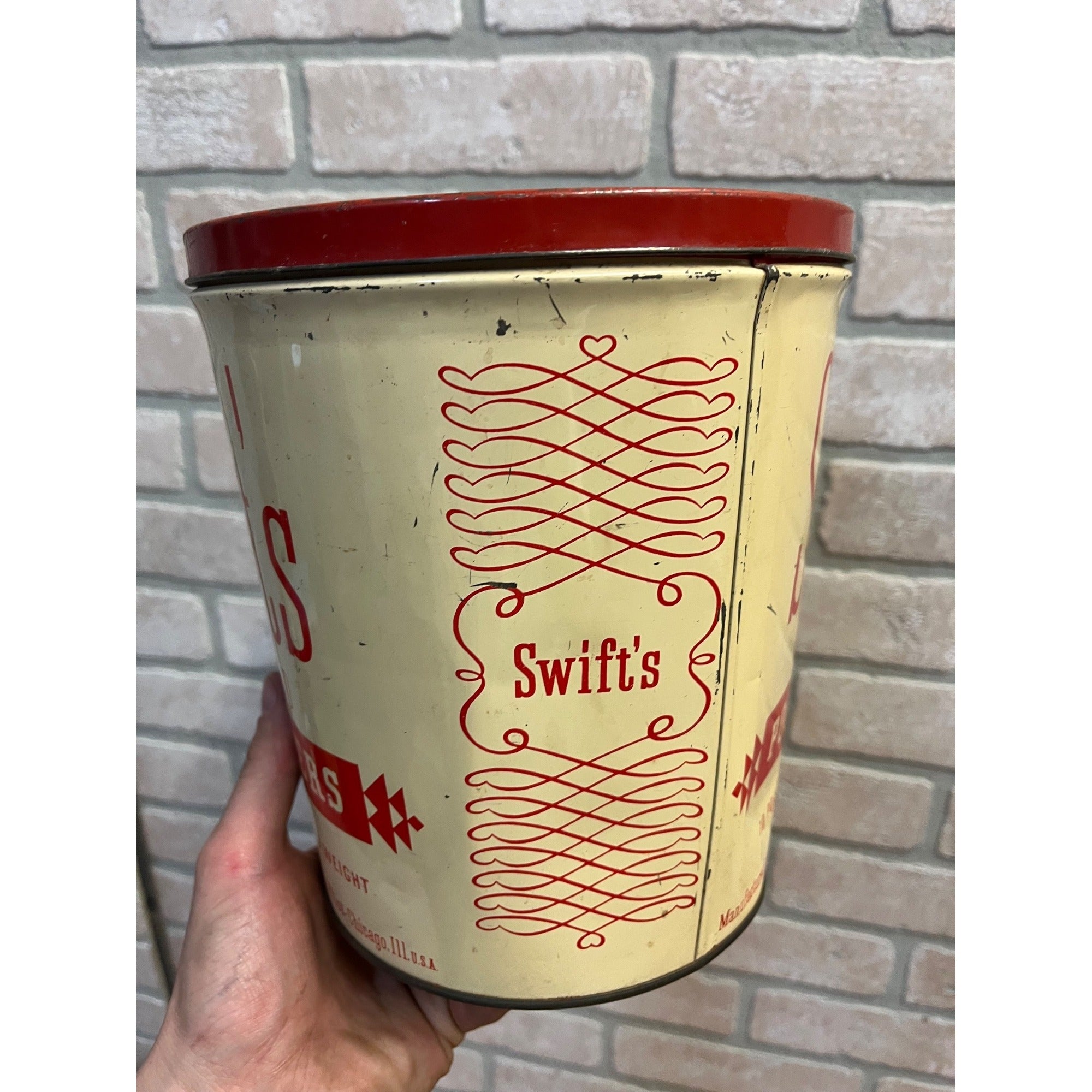 Vtg Swifts Pork Livers 10 lb Tin Can Advertising Graphics Farm Kitchen Decor