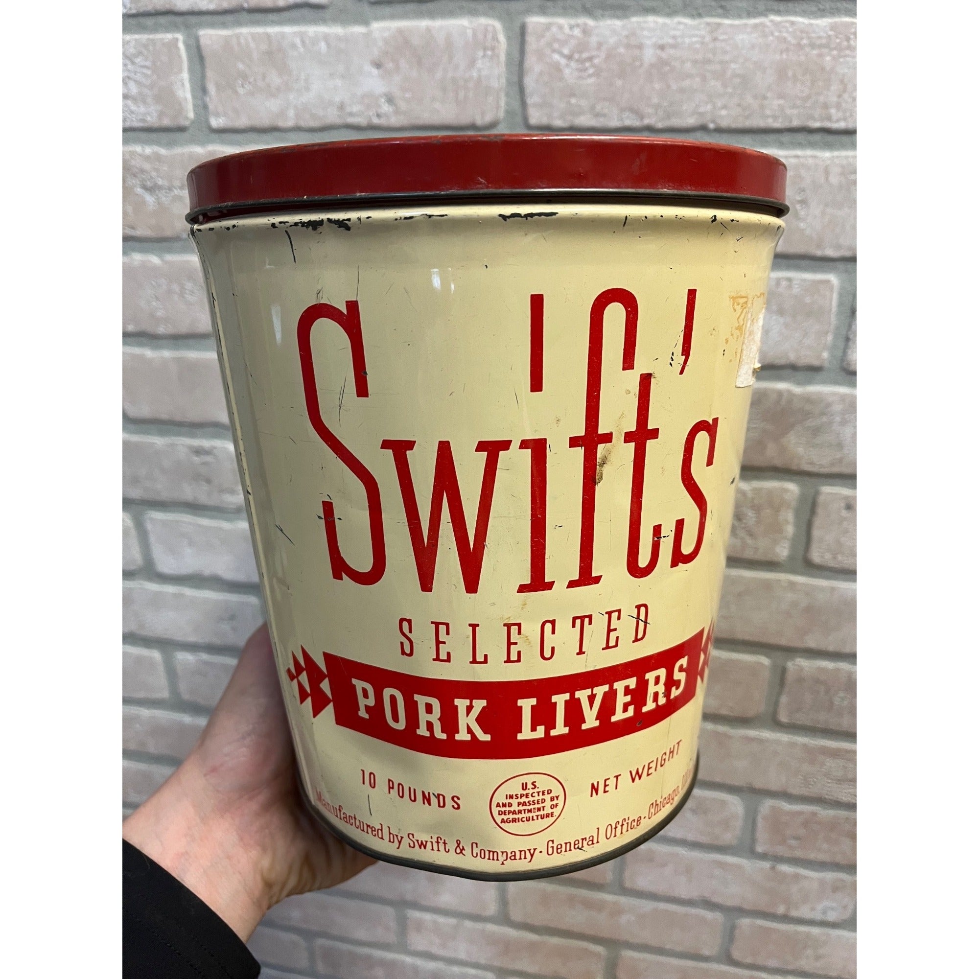 Vtg Swifts Pork Livers 10 lb Tin Can Advertising Graphics Farm Kitchen Decor