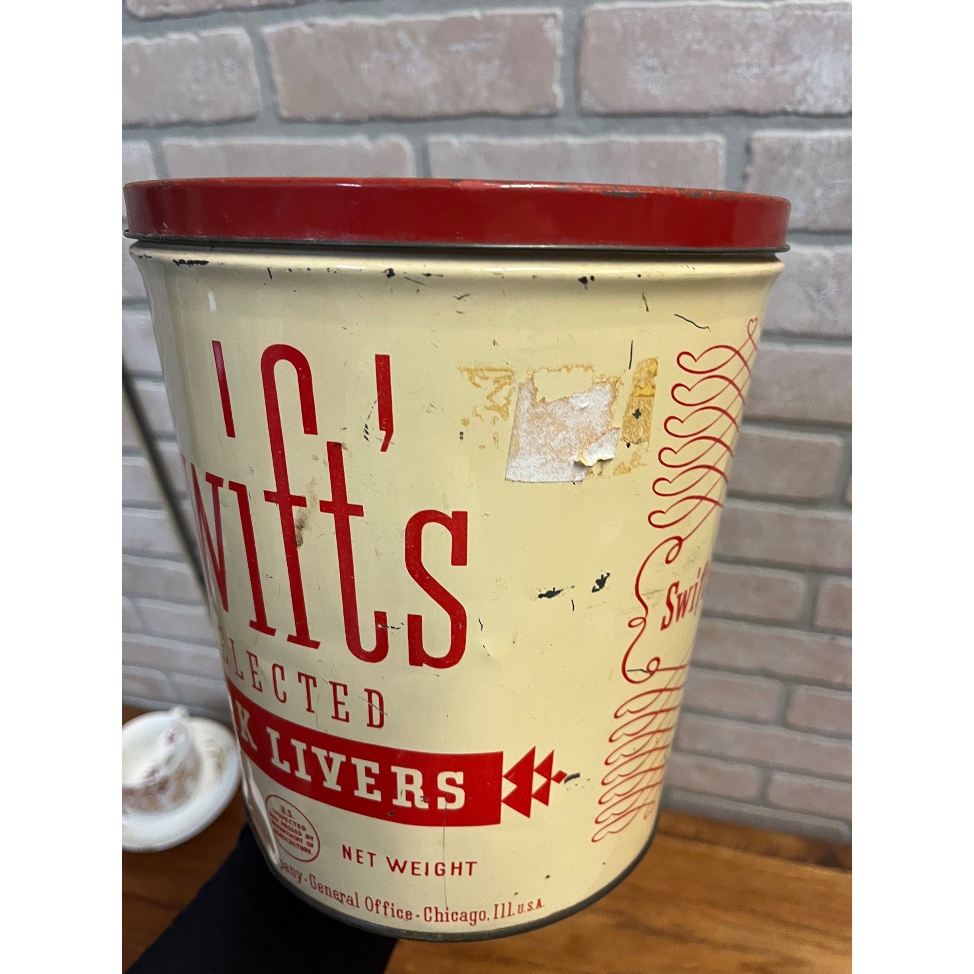 Vtg Swifts Pork Livers 10 lb Tin Can Advertising Graphics Farm Kitchen Decor