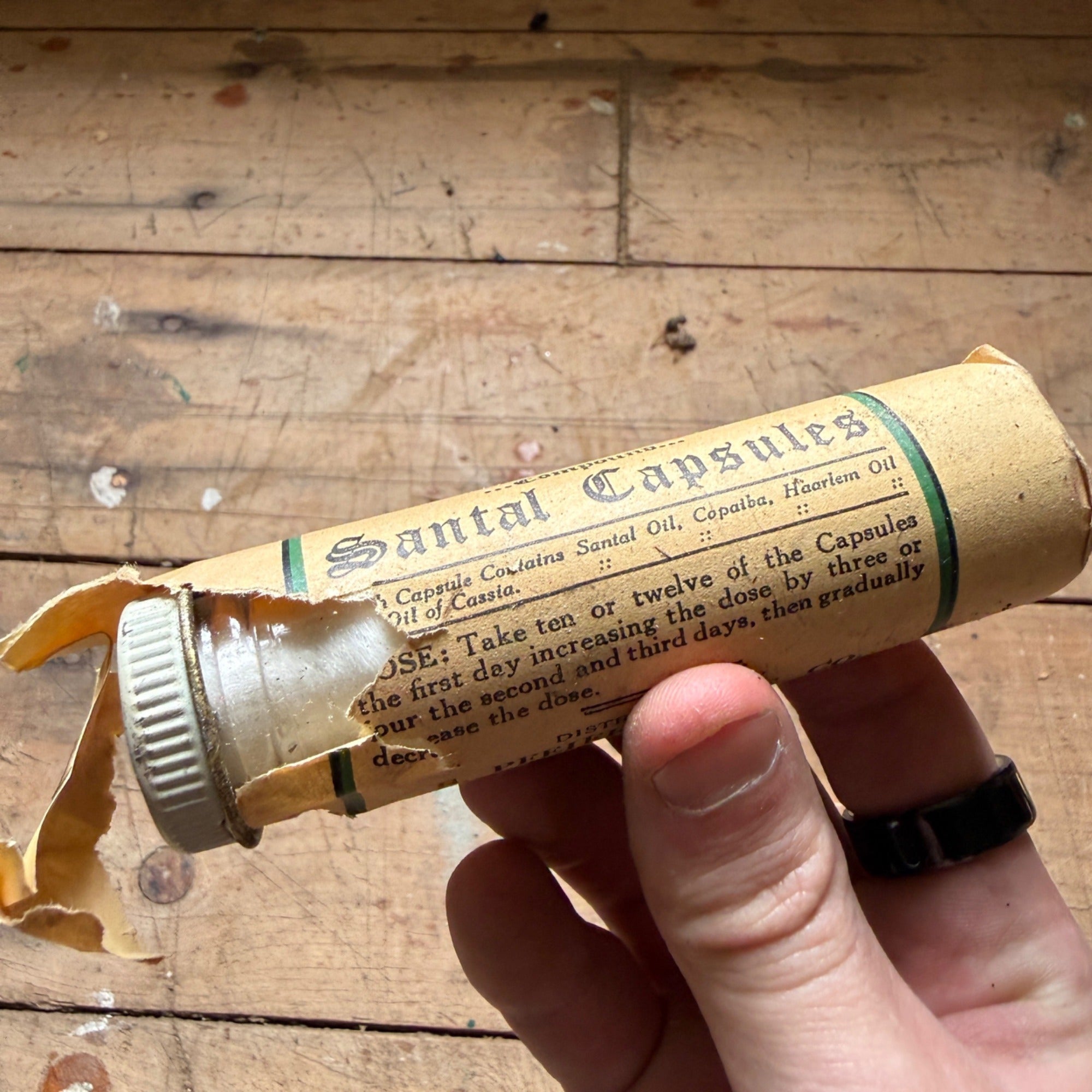 Rare Antique Santal Capsules Glass Medicine Bottle 1900s w/ Orig. Paper Wrap