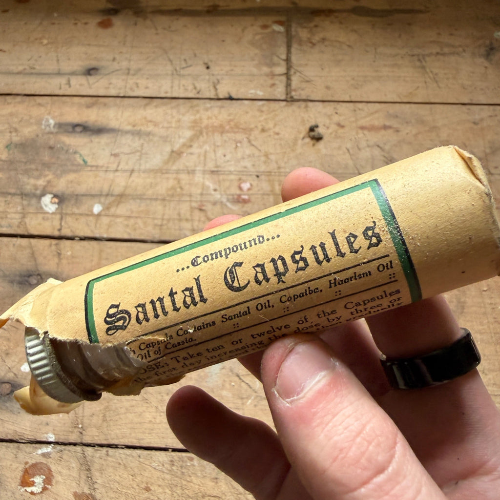 Rare Antique Santal Capsules Glass Medicine Bottle 1900s w/ Orig. Paper Wrap