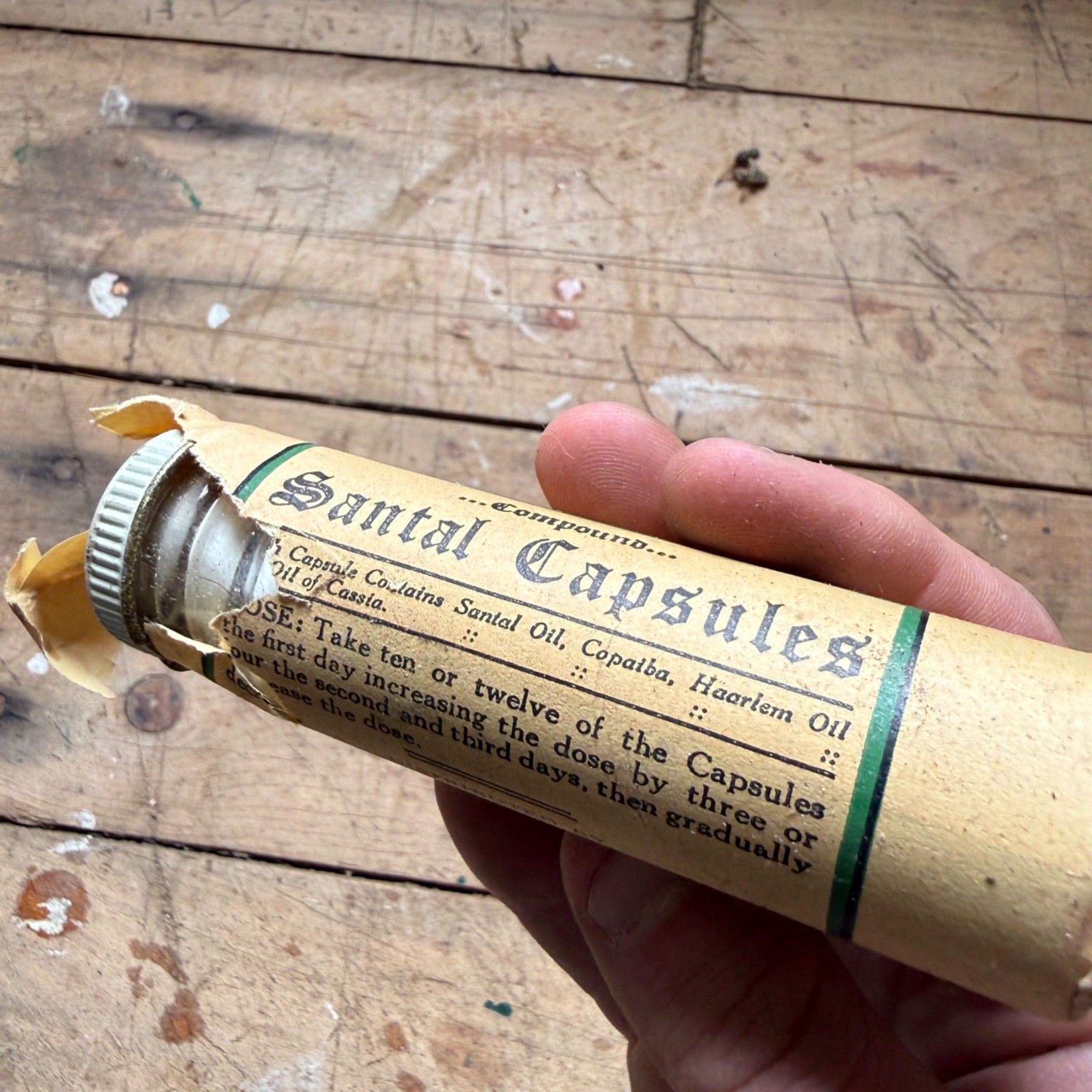 Rare Antique Santal Capsules Glass Medicine Bottle 1900s w/ Orig. Paper Wrap