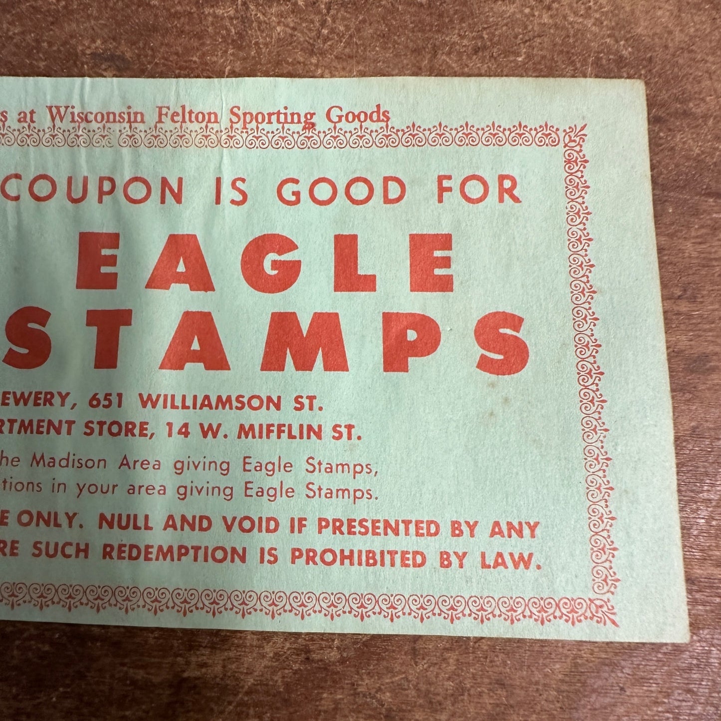 SCARCE Fauerbach Brewery Eagle Stamps Coupon Madison Wisconsin Beer