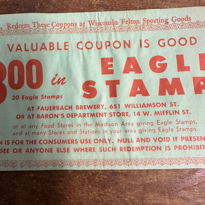 SCARCE Fauerbach Brewery Eagle Stamps Coupon Madison Wisconsin Beer