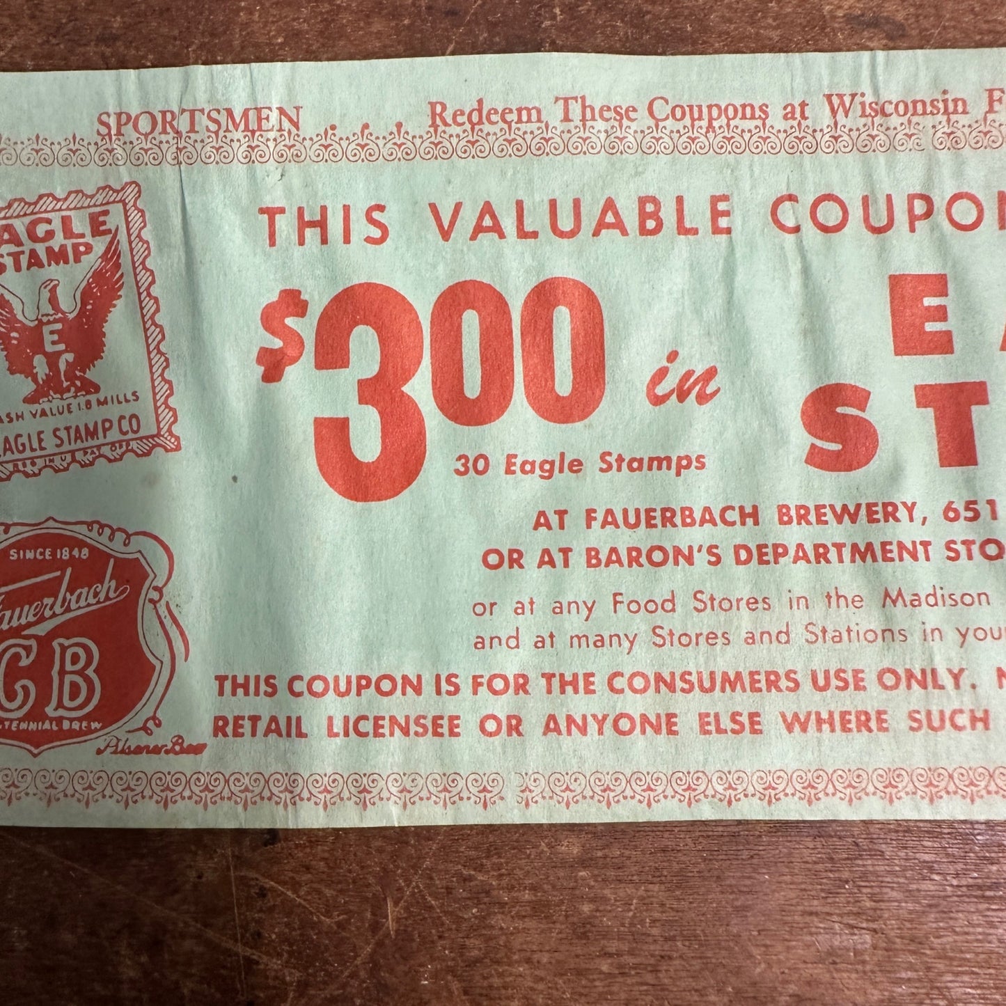 SCARCE Fauerbach Brewery Eagle Stamps Coupon Madison Wisconsin Beer