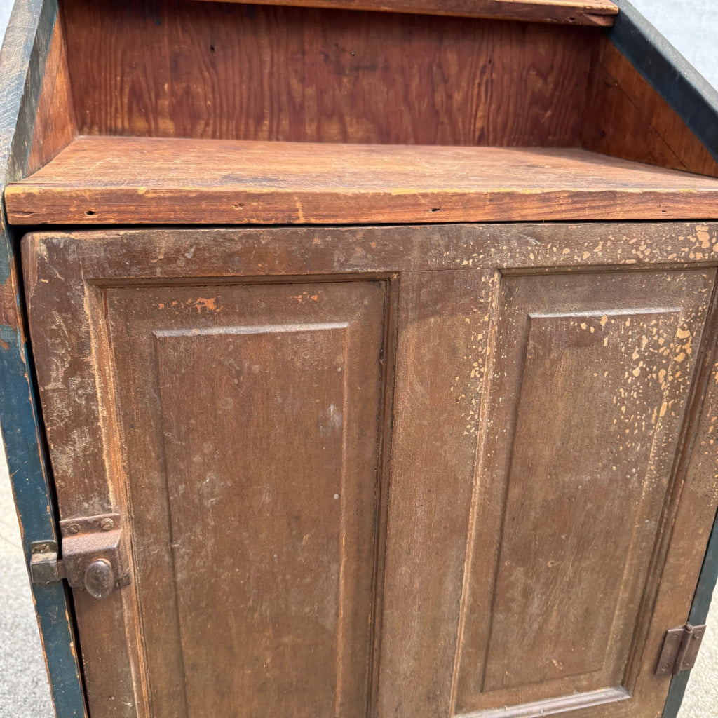 Antique 19th c. Primitive Blue Paint Farmhouse End Bedside Table Cabinet Nightstand