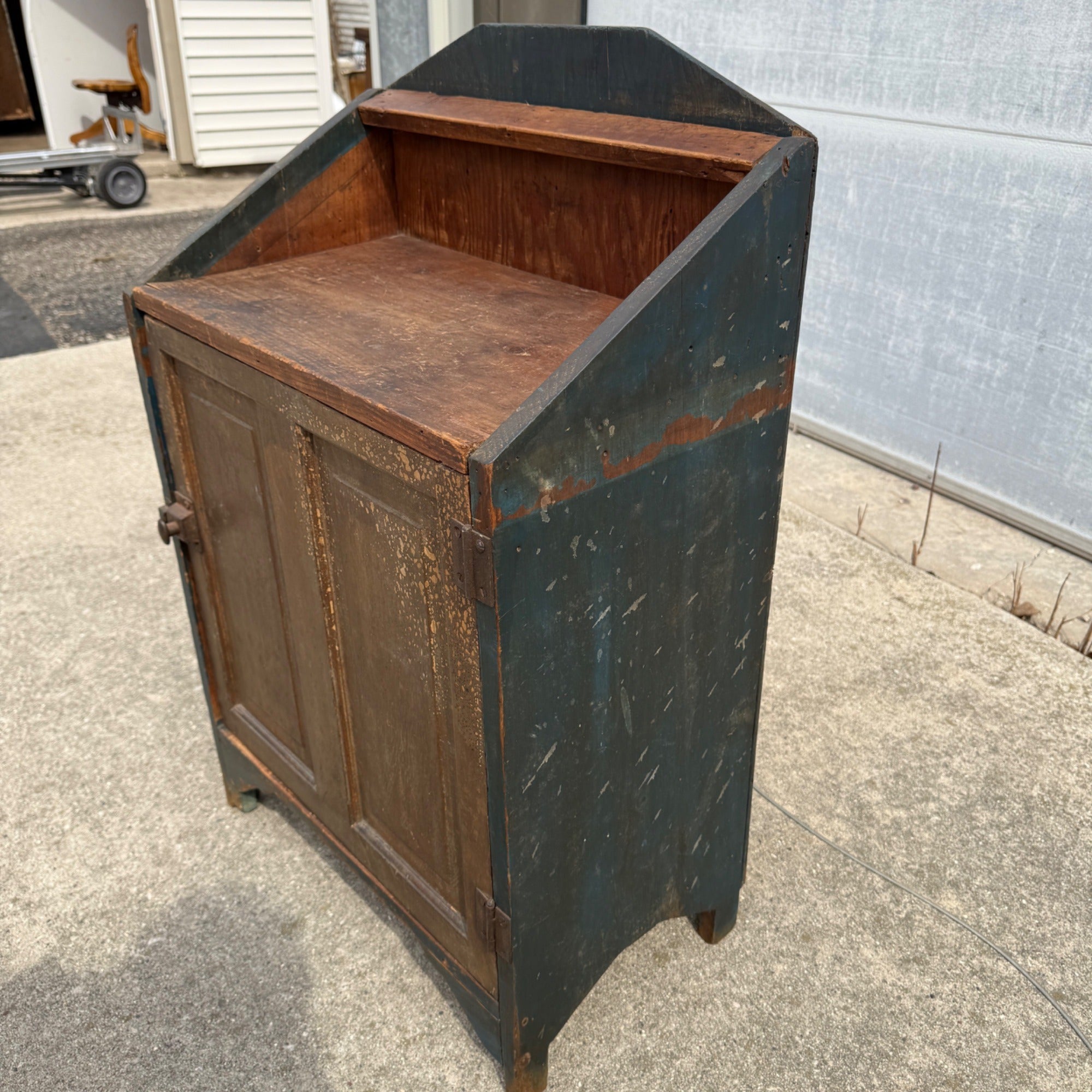 Antique 19th c. Primitive Blue Paint Farmhouse End Bedside Table Cabinet Nightstand