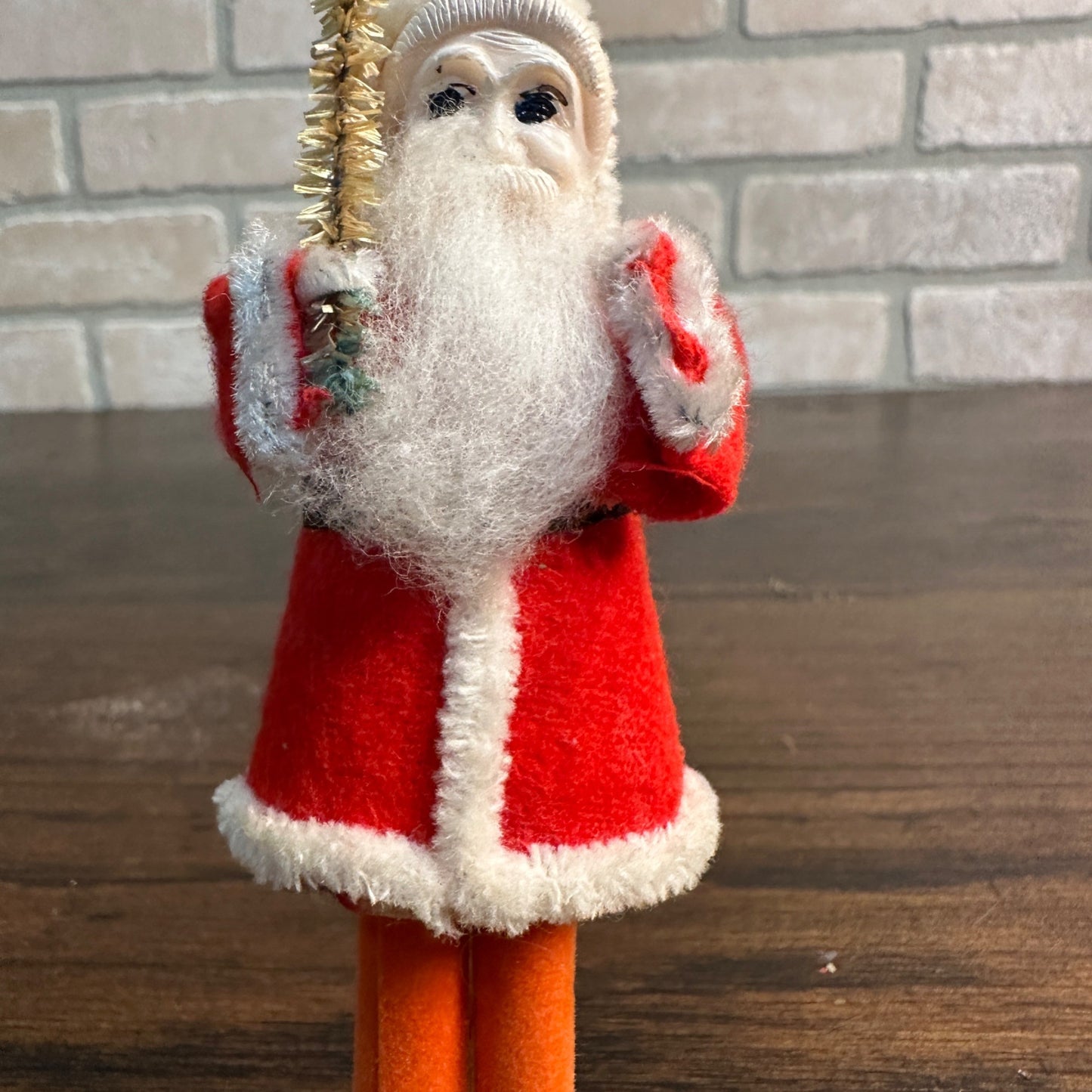 Vintage Santa Putz Figure Chenille Hands & Legs 6" Holding Tree Branch Japan