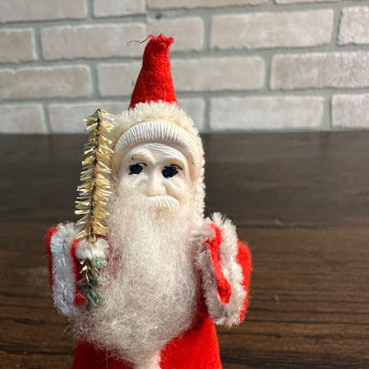 Vintage Santa Putz Figure Chenille Hands & Legs 6" Holding Tree Branch Japan