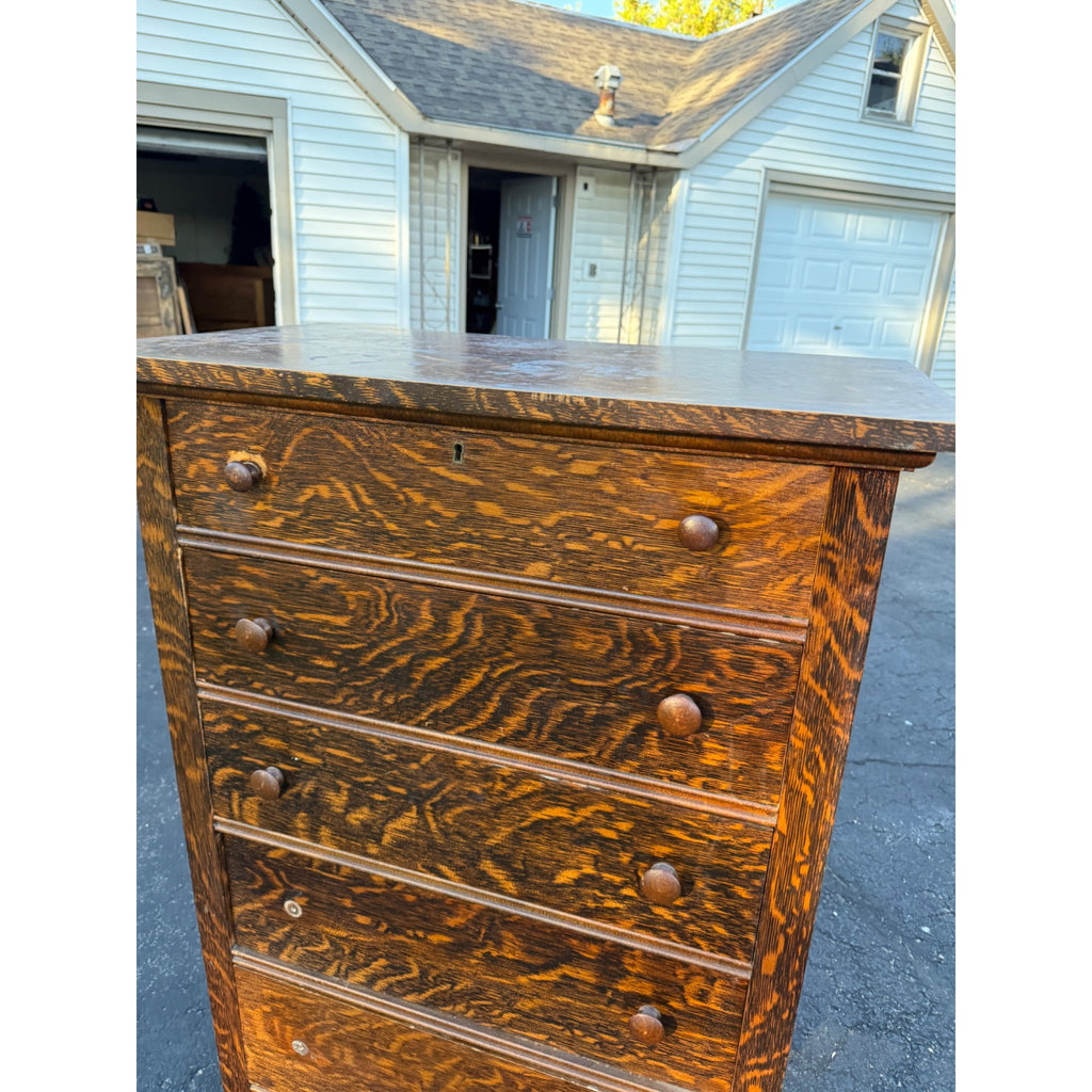 Antique Oak Dresser Five-Drawer Chest Of Drawers With Tiger Oak Finish