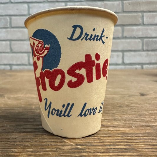 Vintage 4oz Frostie Root Beer Soda Paper Wax Cup Red White & Blue Advertising