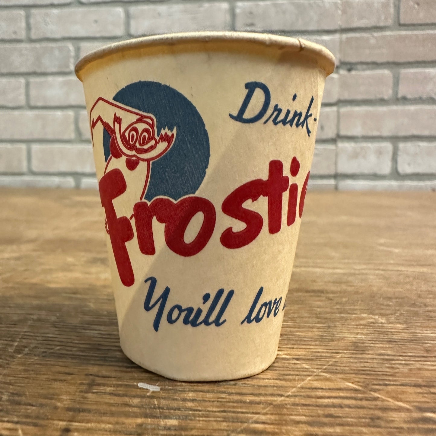 Vintage 4oz Frostie Root Beer Soda Paper Wax Cup Red White & Blue Advertising