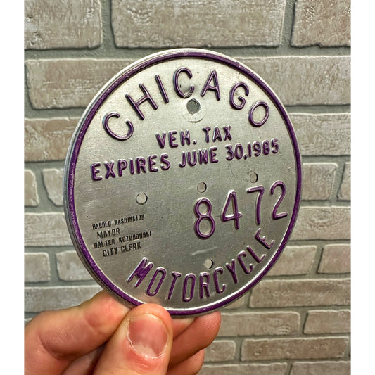 Vintage 1985 Chicago Motorcycle Vehicle Tax Tag Embossed Sign
